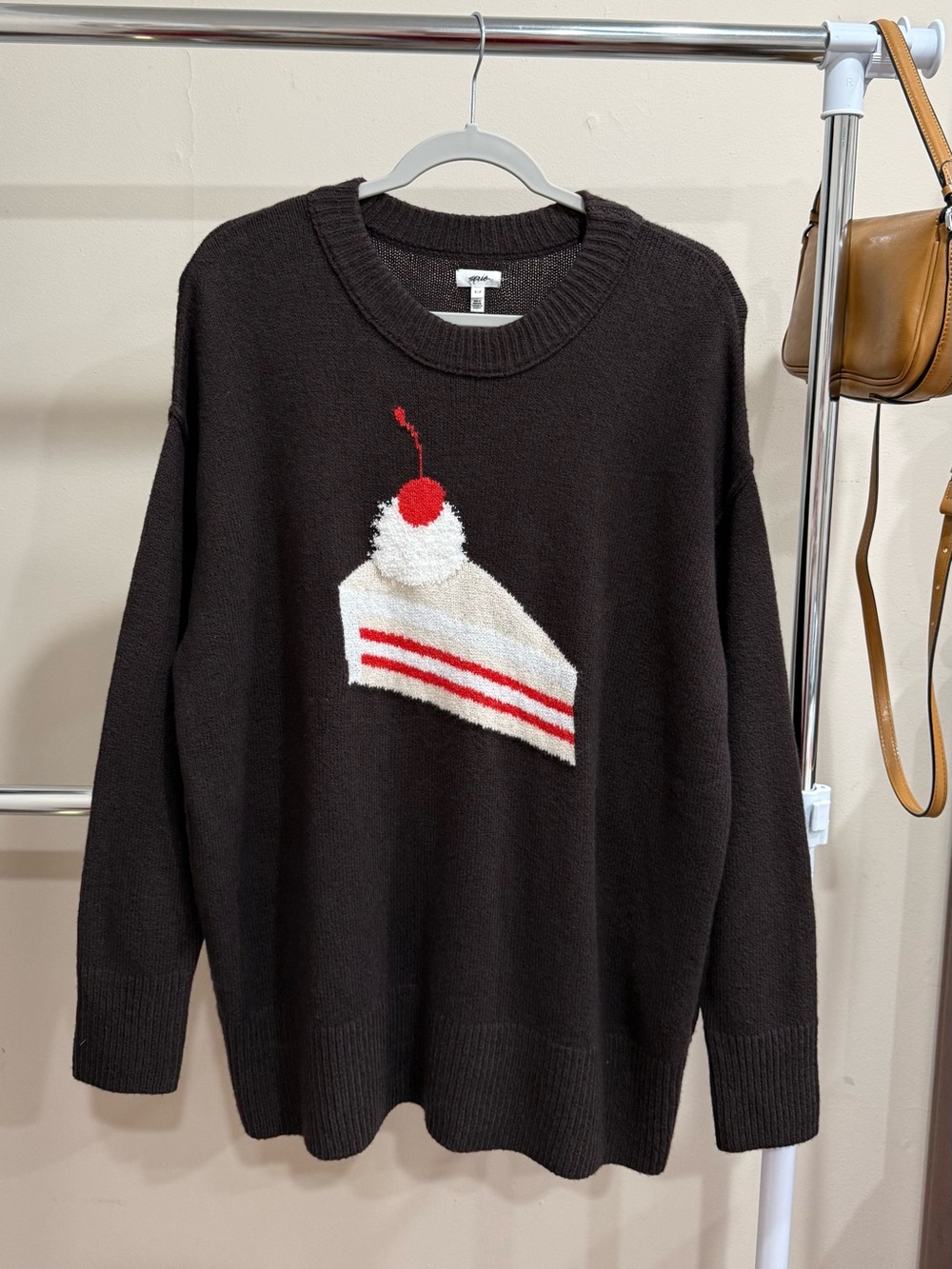 Aerie Brown Cake Cherry Graphic Oversized Knit Sweater Size S